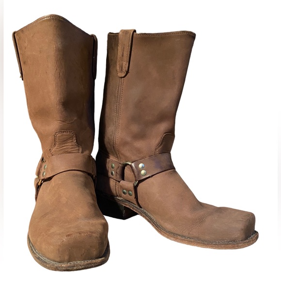 Vintage Men's Suede Brown Square Toe Harness Biker Boots, Size 13